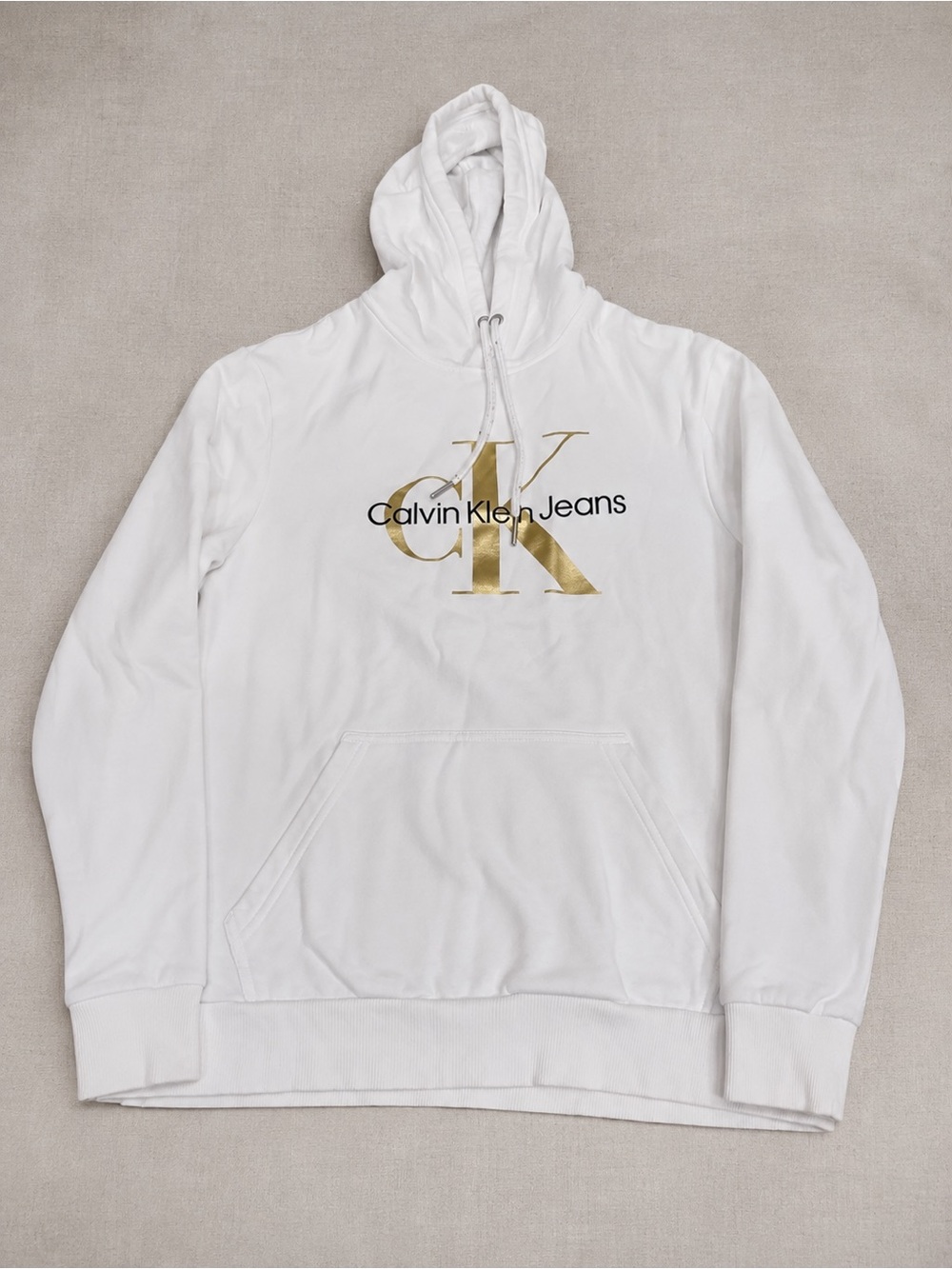 Calvin Klein Jeans White Pullover Hoodie with Gold CK Logo
